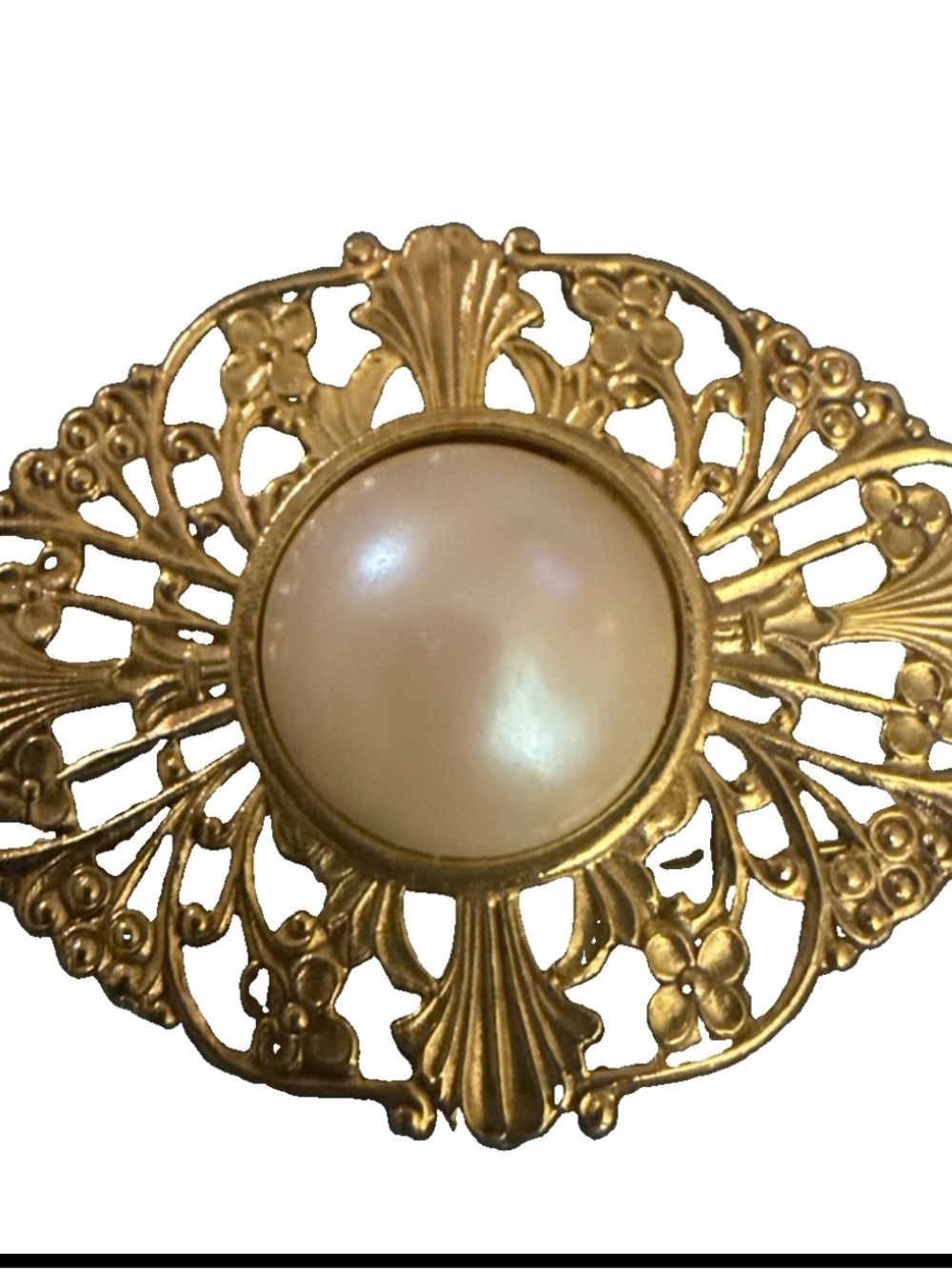 Vintage signed Charel Faux Pearl Filigree Brooch Gold-Tone 1950s-60s OpenworkPin
